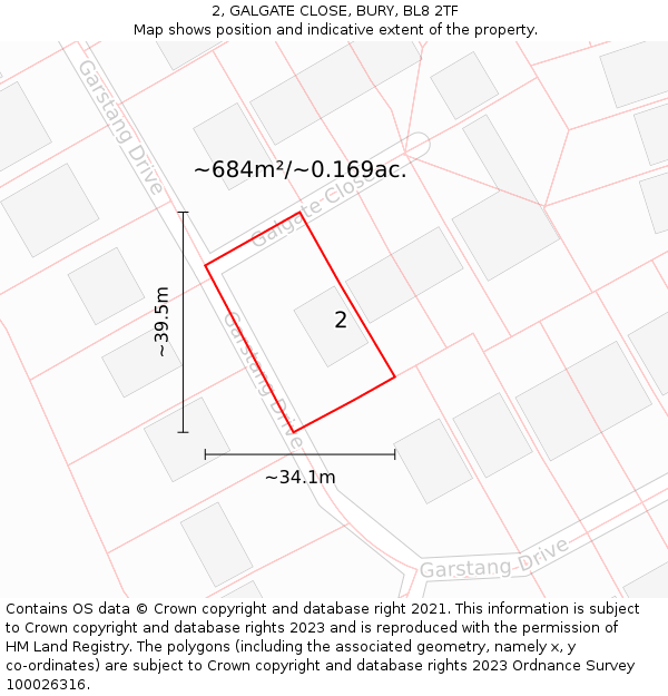 2, GALGATE CLOSE, BURY, BL8 2TF: Plot and title map