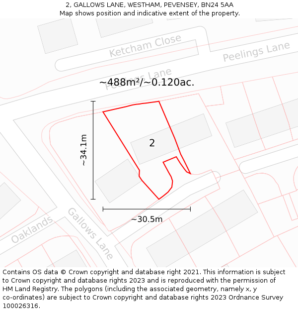 2, GALLOWS LANE, WESTHAM, PEVENSEY, BN24 5AA: Plot and title map