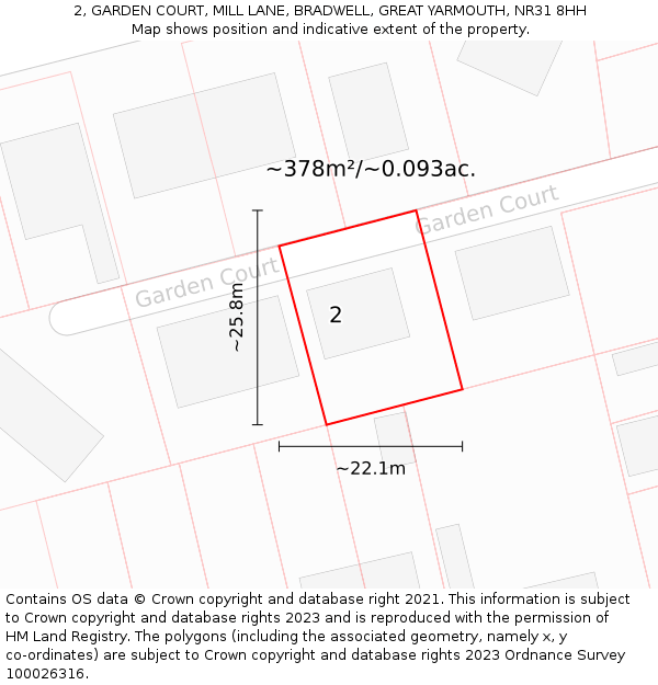 2, GARDEN COURT, MILL LANE, BRADWELL, GREAT YARMOUTH, NR31 8HH: Plot and title map