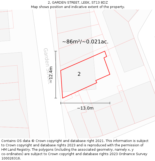 2, GARDEN STREET, LEEK, ST13 8DZ: Plot and title map