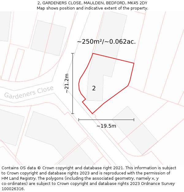 2, GARDENERS CLOSE, MAULDEN, BEDFORD, MK45 2DY: Plot and title map