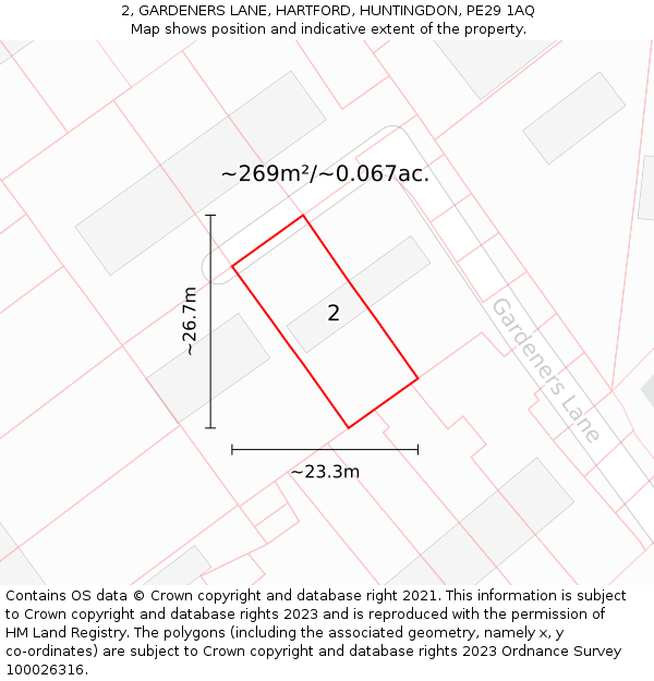 2, GARDENERS LANE, HARTFORD, HUNTINGDON, PE29 1AQ: Plot and title map