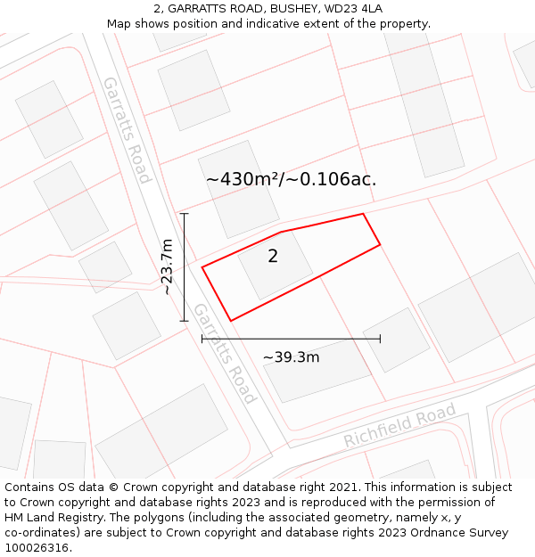 2, GARRATTS ROAD, BUSHEY, WD23 4LA: Plot and title map