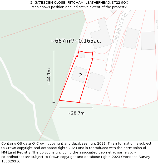2, GATESDEN CLOSE, FETCHAM, LEATHERHEAD, KT22 9QX: Plot and title map