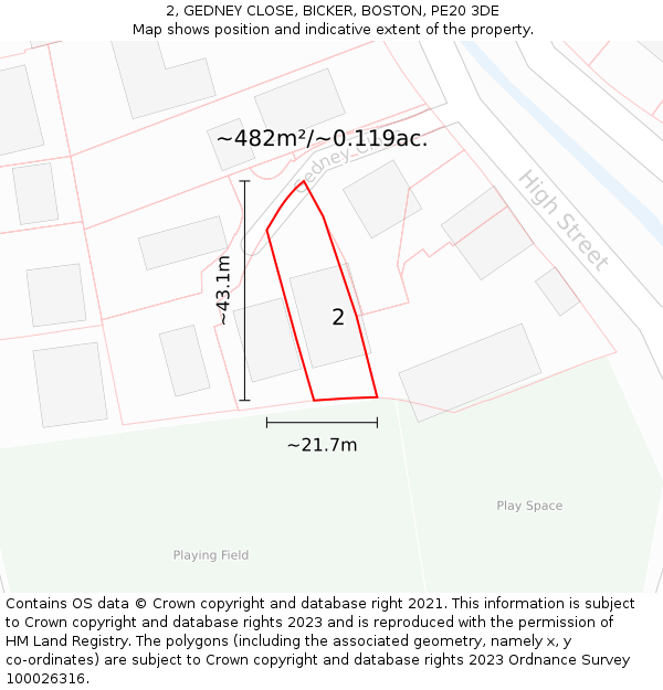 2, GEDNEY CLOSE, BICKER, BOSTON, PE20 3DE: Plot and title map