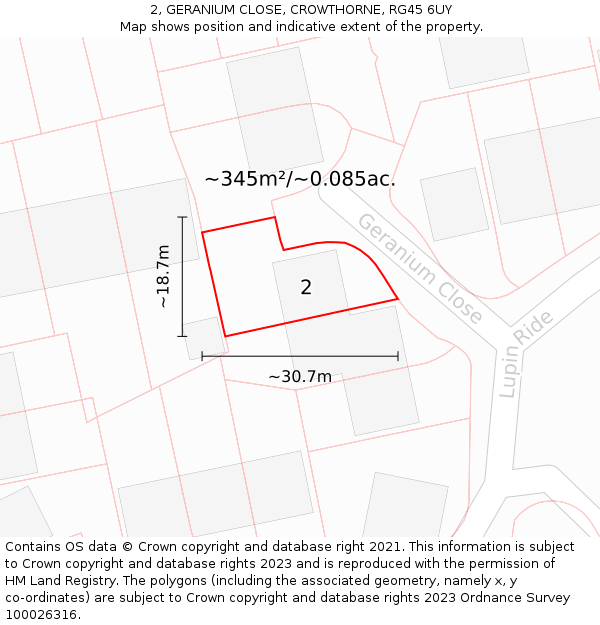 2, GERANIUM CLOSE, CROWTHORNE, RG45 6UY: Plot and title map