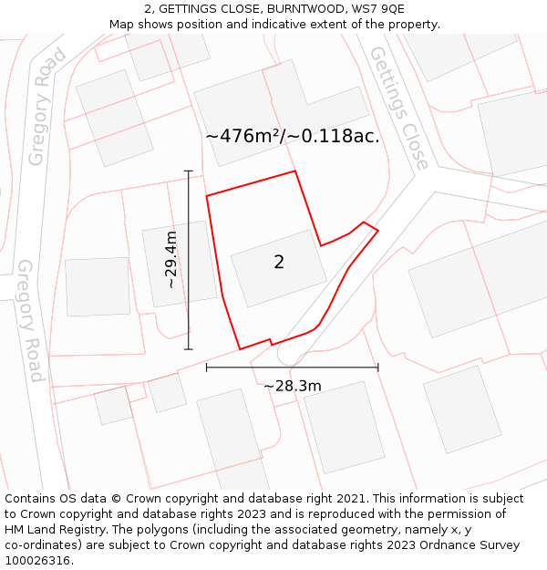 2, GETTINGS CLOSE, BURNTWOOD, WS7 9QE: Plot and title map
