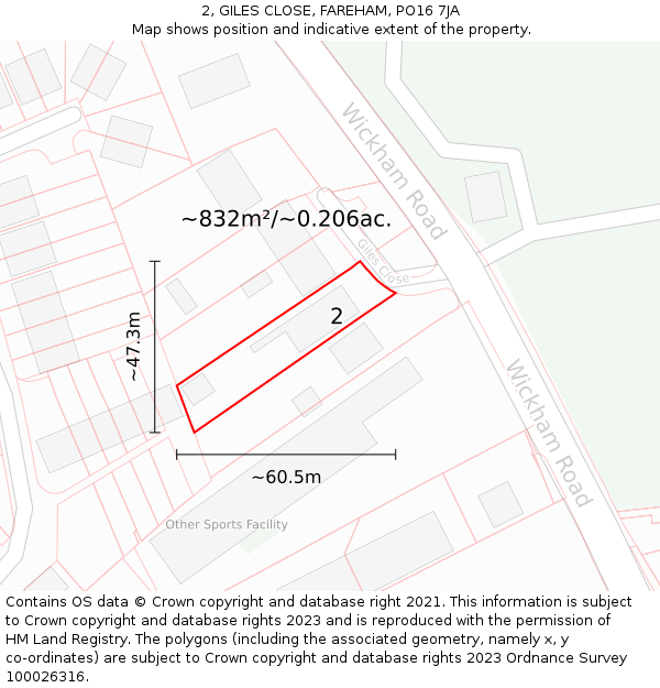 2, GILES CLOSE, FAREHAM, PO16 7JA: Plot and title map