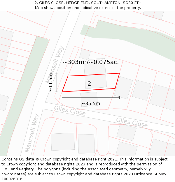 2, GILES CLOSE, HEDGE END, SOUTHAMPTON, SO30 2TH: Plot and title map