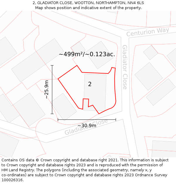 2, GLADIATOR CLOSE, WOOTTON, NORTHAMPTON, NN4 6LS: Plot and title map