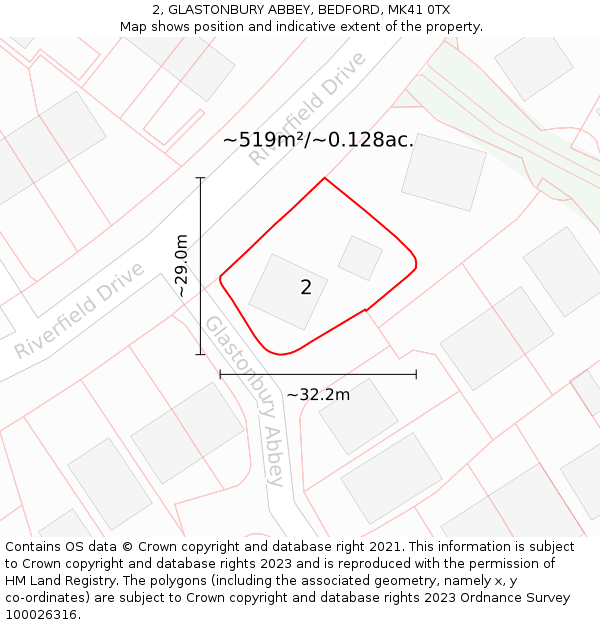 2, GLASTONBURY ABBEY, BEDFORD, MK41 0TX: Plot and title map