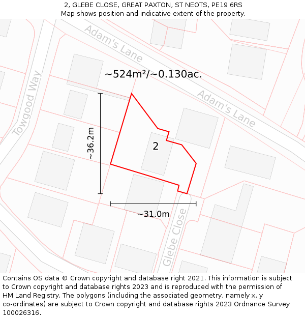2, GLEBE CLOSE, GREAT PAXTON, ST NEOTS, PE19 6RS: Plot and title map