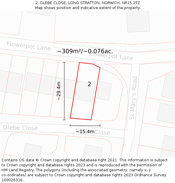 2, GLEBE CLOSE, LONG STRATTON, NORWICH, NR15 2TZ: Plot and title map