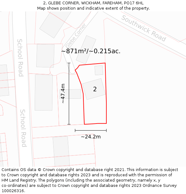 2, GLEBE CORNER, WICKHAM, FAREHAM, PO17 6HL: Plot and title map
