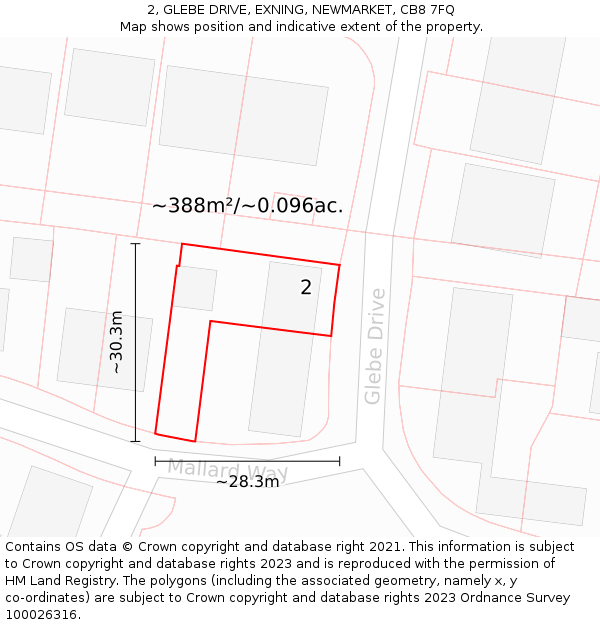 2, GLEBE DRIVE, EXNING, NEWMARKET, CB8 7FQ: Plot and title map