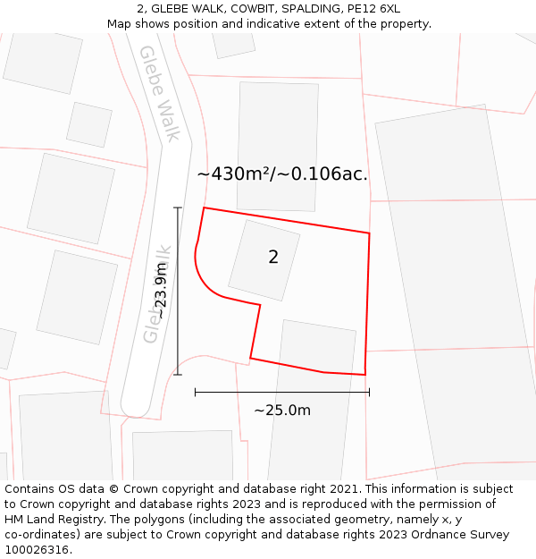 2, GLEBE WALK, COWBIT, SPALDING, PE12 6XL: Plot and title map