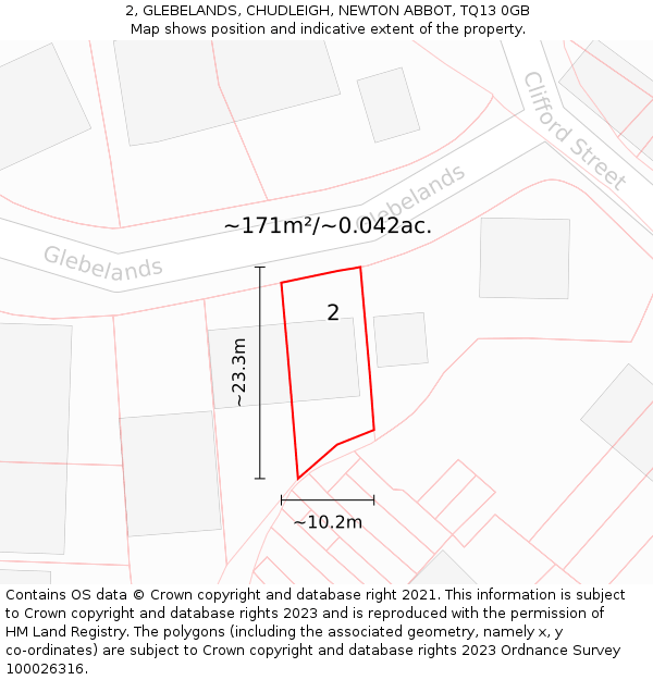2, GLEBELANDS, CHUDLEIGH, NEWTON ABBOT, TQ13 0GB: Plot and title map