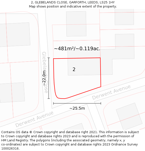 2, GLEBELANDS CLOSE, GARFORTH, LEEDS, LS25 1HY: Plot and title map