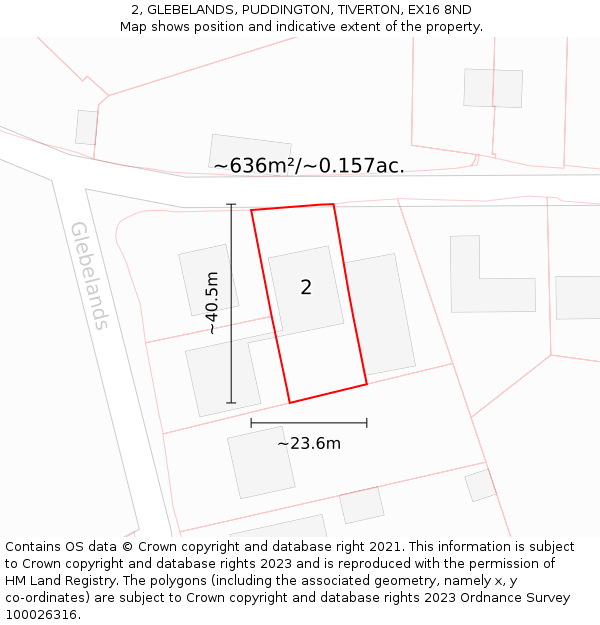 2, GLEBELANDS, PUDDINGTON, TIVERTON, EX16 8ND: Plot and title map