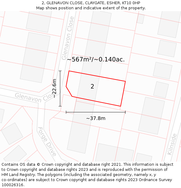 2, GLENAVON CLOSE, CLAYGATE, ESHER, KT10 0HP: Plot and title map