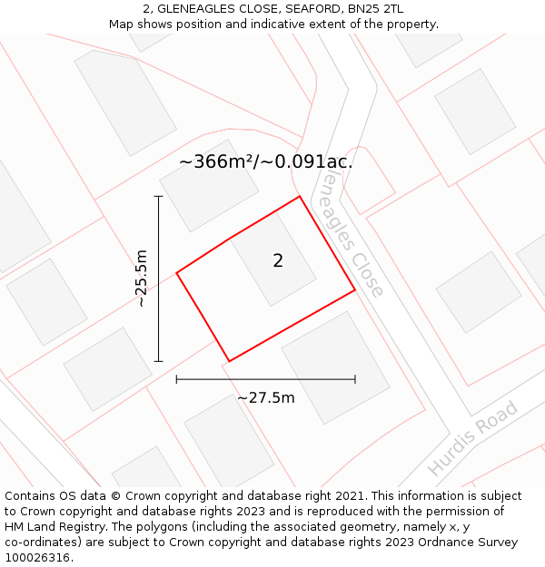 2, GLENEAGLES CLOSE, SEAFORD, BN25 2TL: Plot and title map