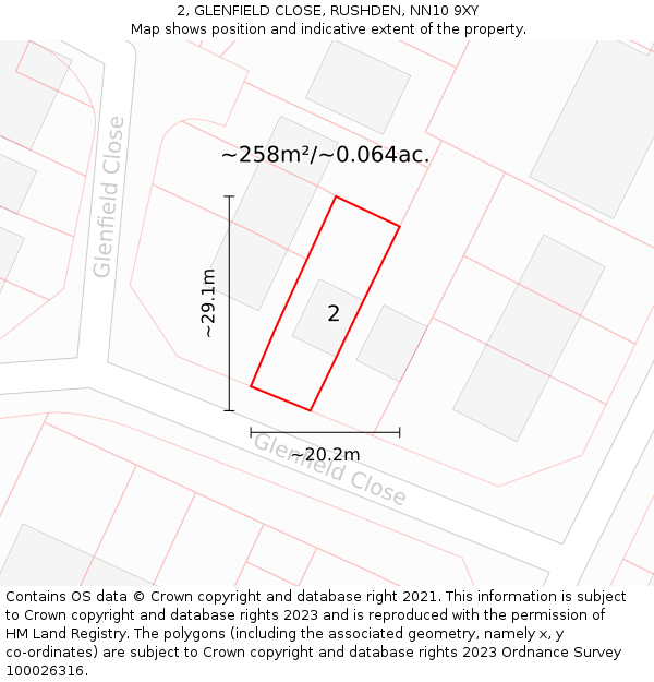2, GLENFIELD CLOSE, RUSHDEN, NN10 9XY: Plot and title map