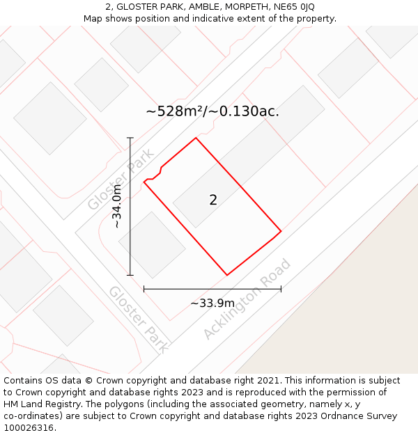 2, GLOSTER PARK, AMBLE, MORPETH, NE65 0JQ: Plot and title map