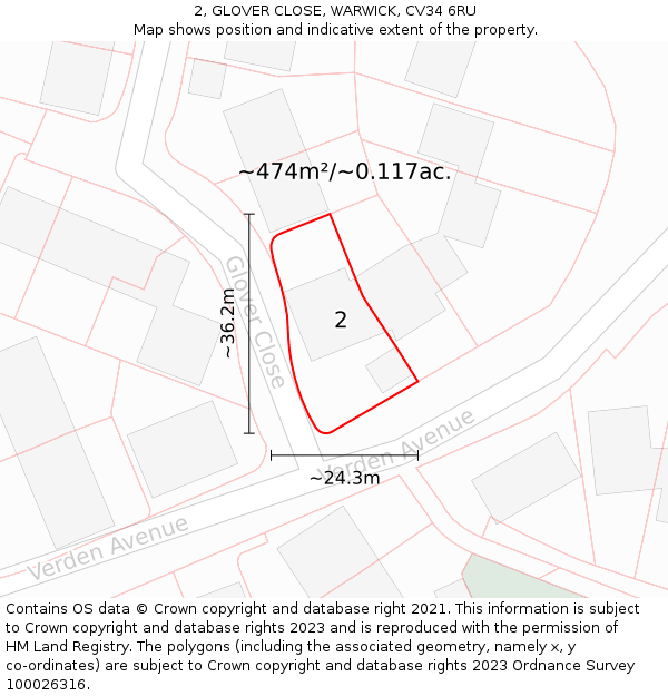 2, GLOVER CLOSE, WARWICK, CV34 6RU: Plot and title map