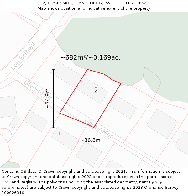 2, GLYN Y MOR, LLANBEDROG, PWLLHELI, LL53 7NW: Plot and title map