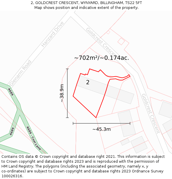 2, GOLDCREST CRESCENT, WYNYARD, BILLINGHAM, TS22 5FT: Plot and title map