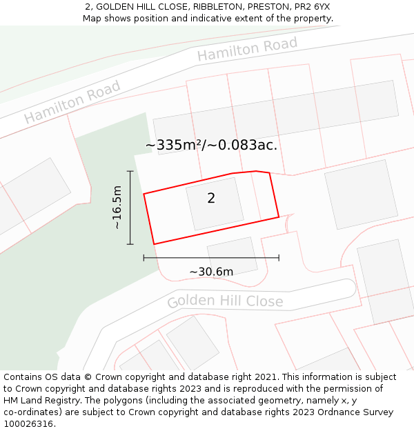 2, GOLDEN HILL CLOSE, RIBBLETON, PRESTON, PR2 6YX: Plot and title map