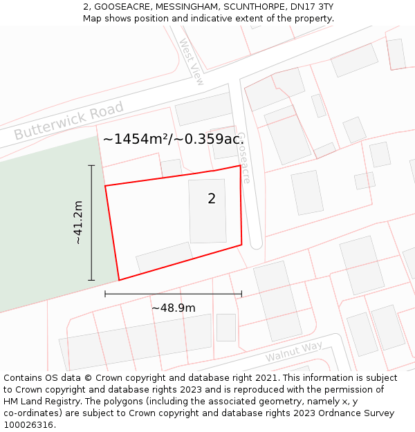 2, GOOSEACRE, MESSINGHAM, SCUNTHORPE, DN17 3TY: Plot and title map