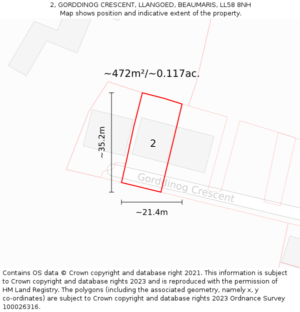 2, GORDDINOG CRESCENT, LLANGOED, BEAUMARIS, LL58 8NH: Plot and title map