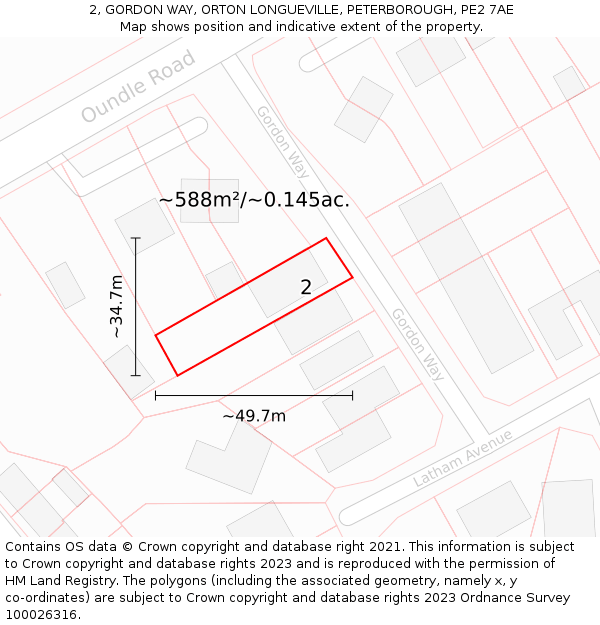 2, GORDON WAY, ORTON LONGUEVILLE, PETERBOROUGH, PE2 7AE: Plot and title map