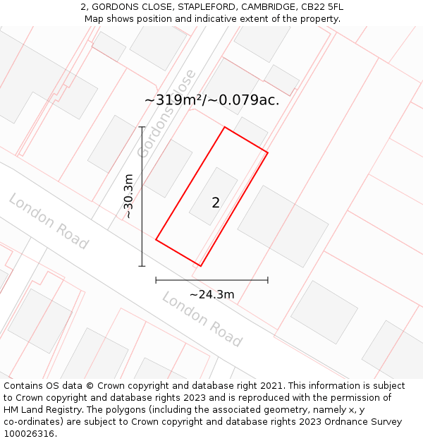 2, GORDONS CLOSE, STAPLEFORD, CAMBRIDGE, CB22 5FL: Plot and title map