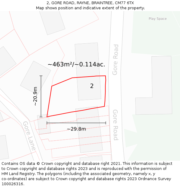 2, GORE ROAD, RAYNE, BRAINTREE, CM77 6TX: Plot and title map