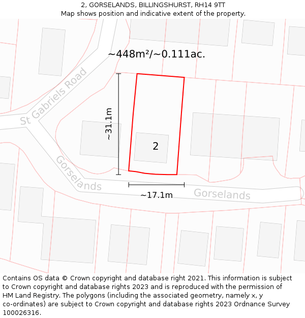 2, GORSELANDS, BILLINGSHURST, RH14 9TT: Plot and title map