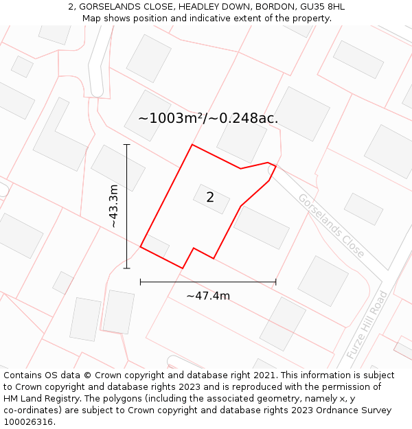 2, GORSELANDS CLOSE, HEADLEY DOWN, BORDON, GU35 8HL: Plot and title map