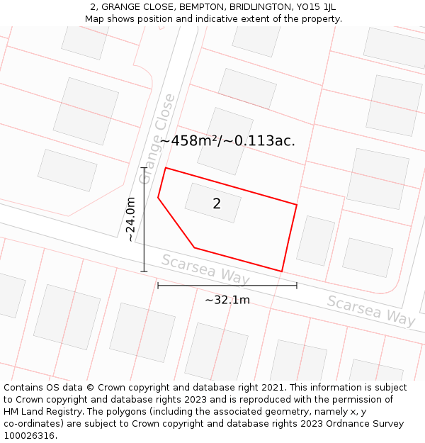 2, GRANGE CLOSE, BEMPTON, BRIDLINGTON, YO15 1JL: Plot and title map