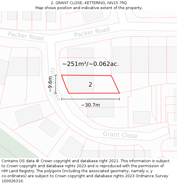 2, GRANT CLOSE, KETTERING, NN15 7RQ: Plot and title map