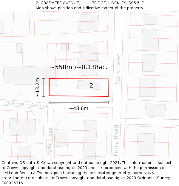 2, GRASMERE AVENUE, HULLBRIDGE, HOCKLEY, SS5 6LF: Plot and title map