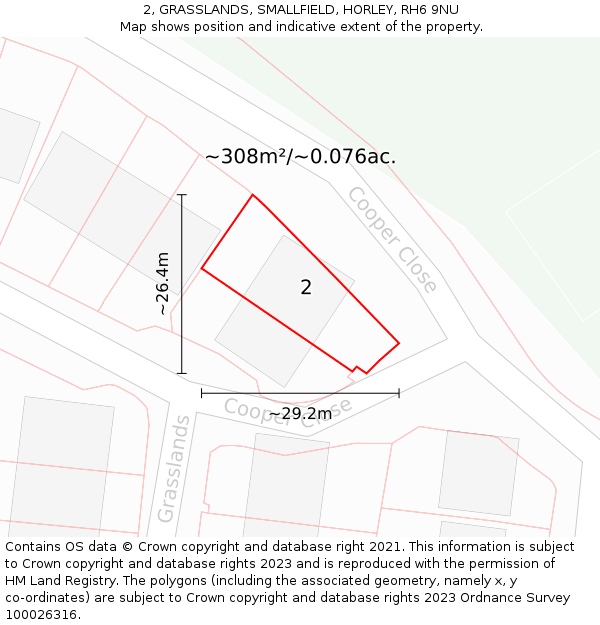 2, GRASSLANDS, SMALLFIELD, HORLEY, RH6 9NU: Plot and title map