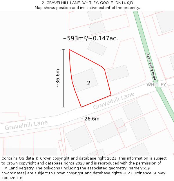 2, GRAVELHILL LANE, WHITLEY, GOOLE, DN14 0JD: Plot and title map