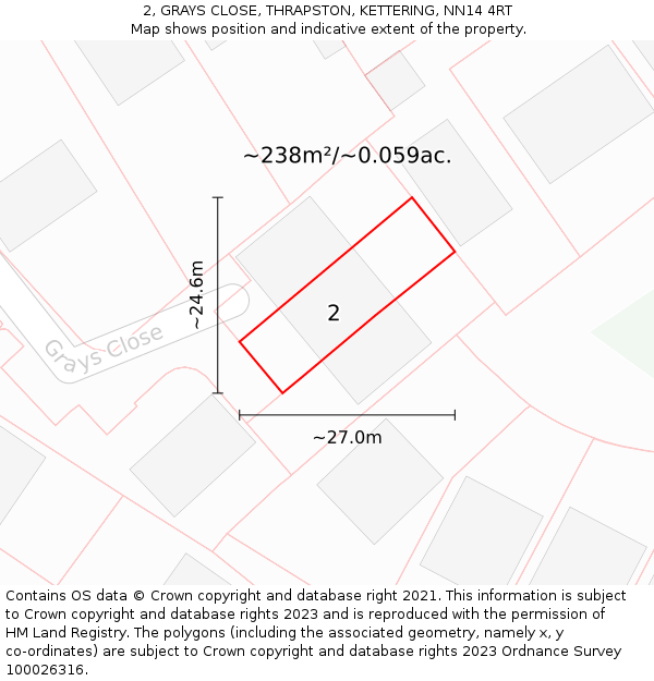 2, GRAYS CLOSE, THRAPSTON, KETTERING, NN14 4RT: Plot and title map