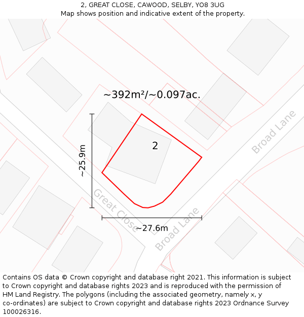 2, GREAT CLOSE, CAWOOD, SELBY, YO8 3UG: Plot and title map