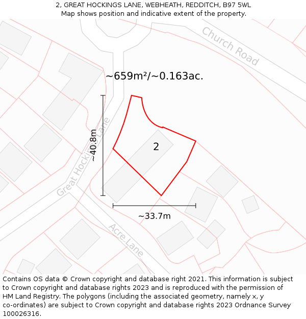 2, GREAT HOCKINGS LANE, WEBHEATH, REDDITCH, B97 5WL: Plot and title map