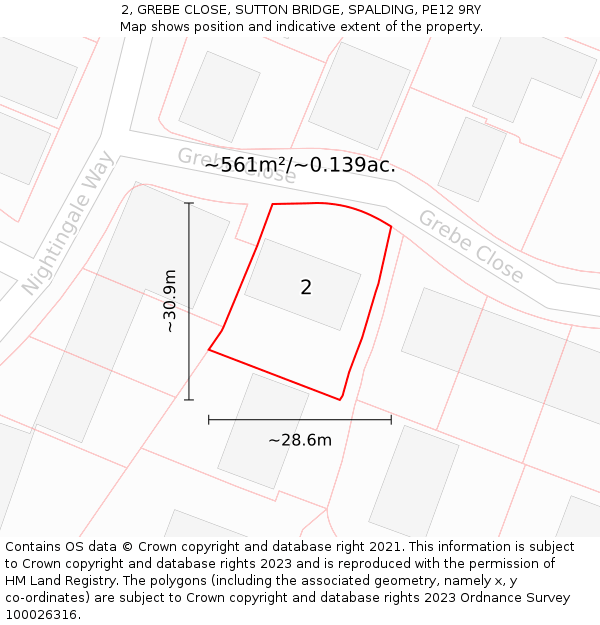 2, GREBE CLOSE, SUTTON BRIDGE, SPALDING, PE12 9RY: Plot and title map
