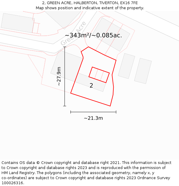 2, GREEN ACRE, HALBERTON, TIVERTON, EX16 7FE: Plot and title map