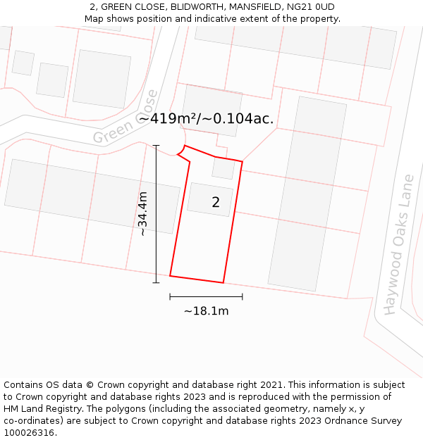 2, GREEN CLOSE, BLIDWORTH, MANSFIELD, NG21 0UD: Plot and title map