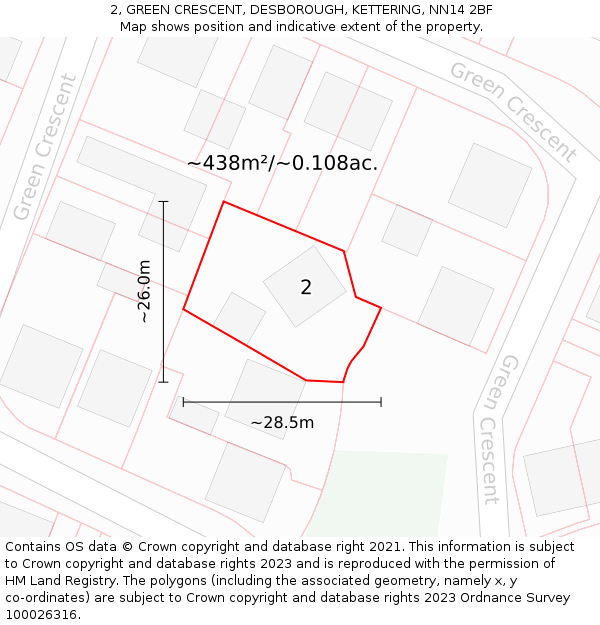 2, GREEN CRESCENT, DESBOROUGH, KETTERING, NN14 2BF: Plot and title map